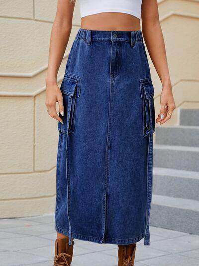 Slit Pocketed High Waist Denim Skirt for Women - Selvanelle