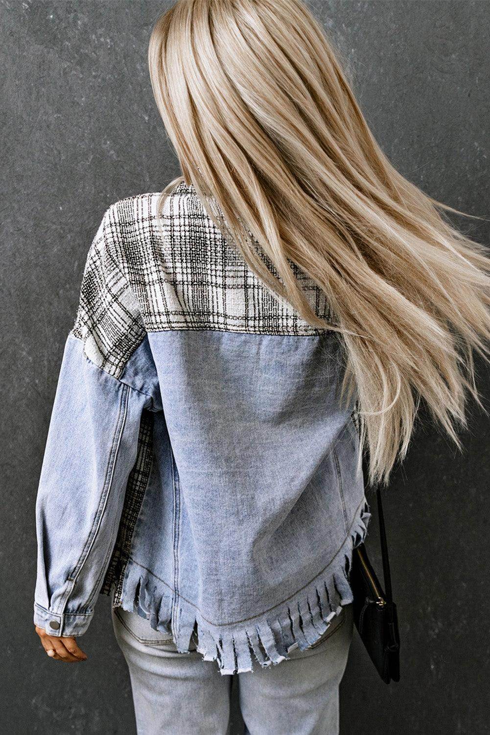 Plaid Pocketed Snap Down Denim Jacket for Stylish Comfort - Selvanelle