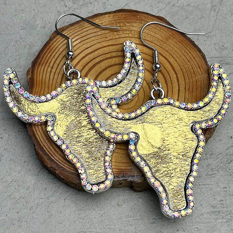 Rhinestone Bull Earrings with Alloy and Cowhide Design - Selvanelle