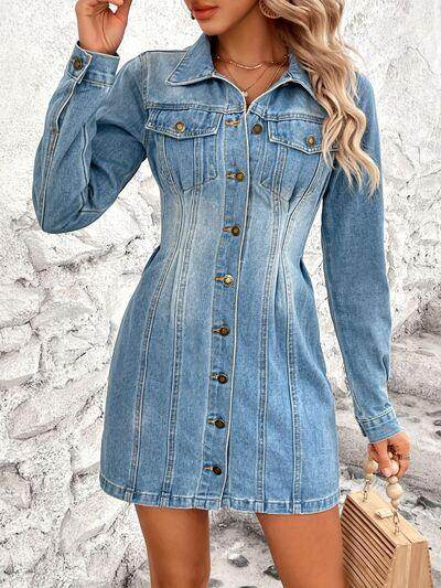 Pocketed Button Up Long Sleeve Denim Dress for Women - Selvanelle
