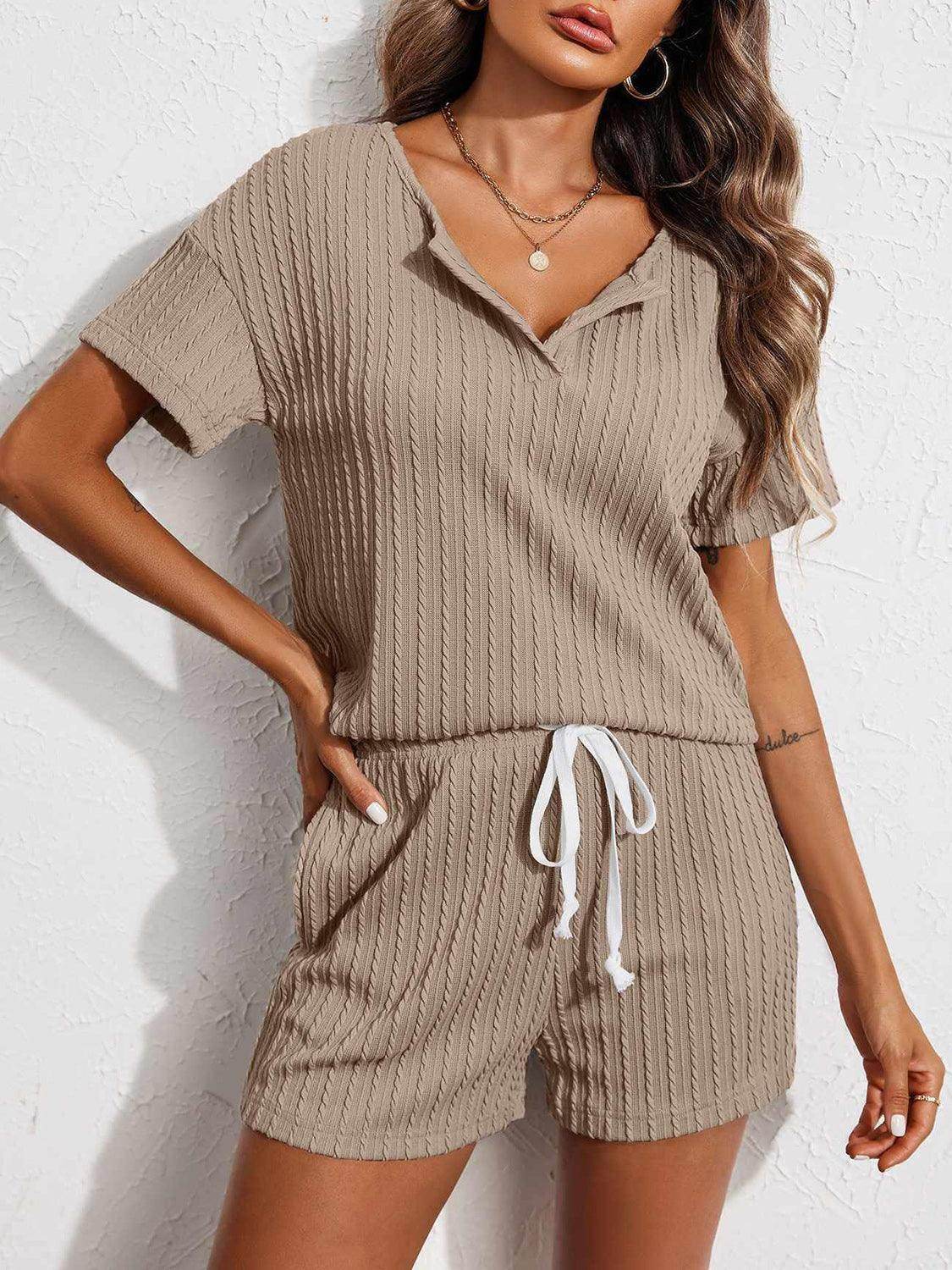 Notched Short Sleeve Top and Shorts Set for Women - Selvanelle