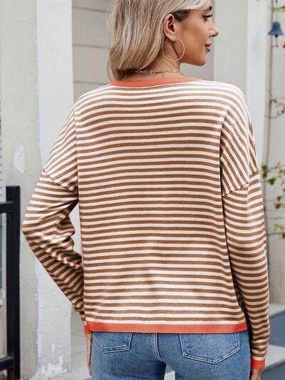 Striped Contrast Round Neck Long Sleeve Sweater for Women - Selvanelle