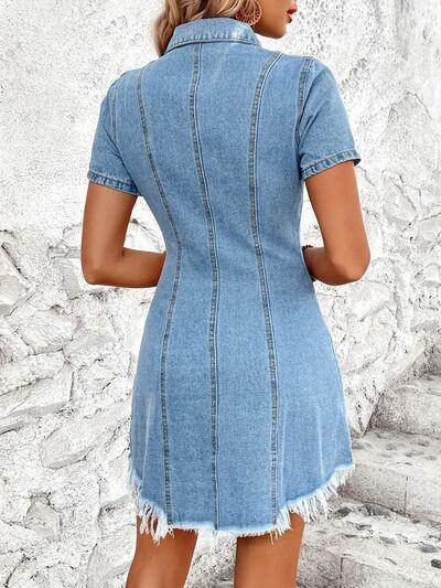 Raw Hem Button Up Short Sleeve Denim Dress for Women - Selvanelle