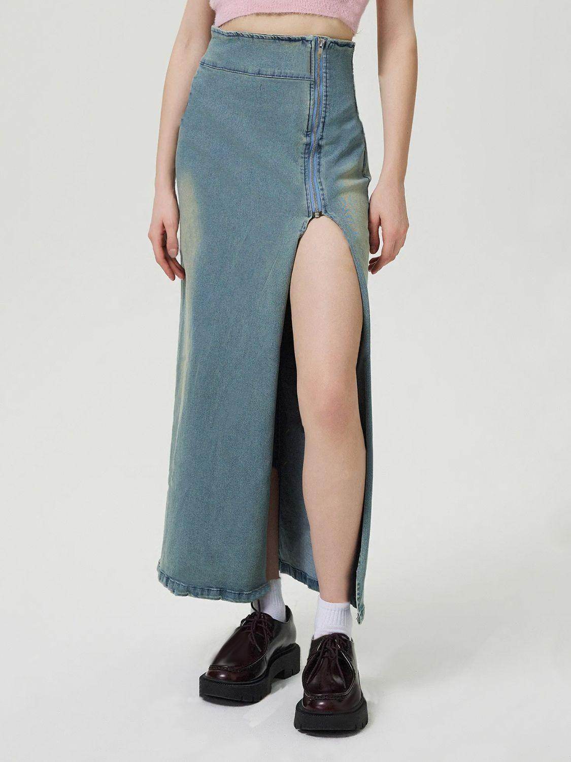 Slit Denim Skirt with Zip for Women in Various Sizes - Selvanelle