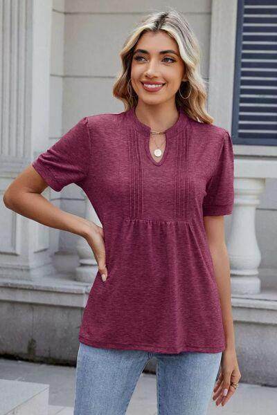 Notched Short Sleeve Solid Color Top for Everyday Style - Selvanelle