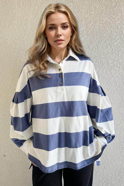 Oh Pima Cotton Wash Wide Striped Collared Neck Top - Selvanelle