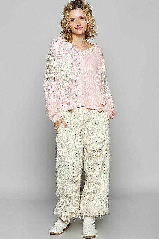 POL Floral Crochet Patch V-Neck Top for Stylish Women - Selvanelle