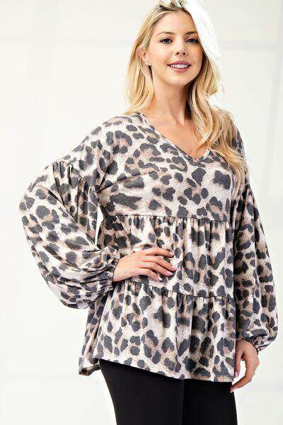 Celeste Full Size Leopard V-Neck Balloon Sleeve Blouse - Selvanelle