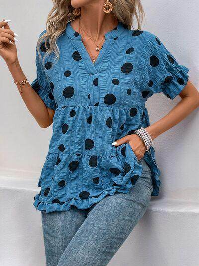 Perfee Polka Dot Notched Short Sleeve Shirt for Women - Selvanelle