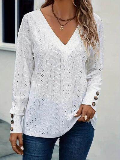 Eyelet V-Neck Long Sleeve Blouse for Stylish Comfort - Selvanelle