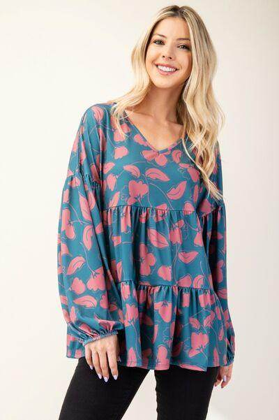 Celeste Full Size Tiered Floral V-Neck Long Sleeve Blouse - Selvanelle