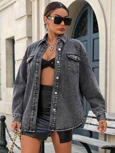 Button Up Long Sleeve Fleece Denim Jacket for Women - Selvanelle