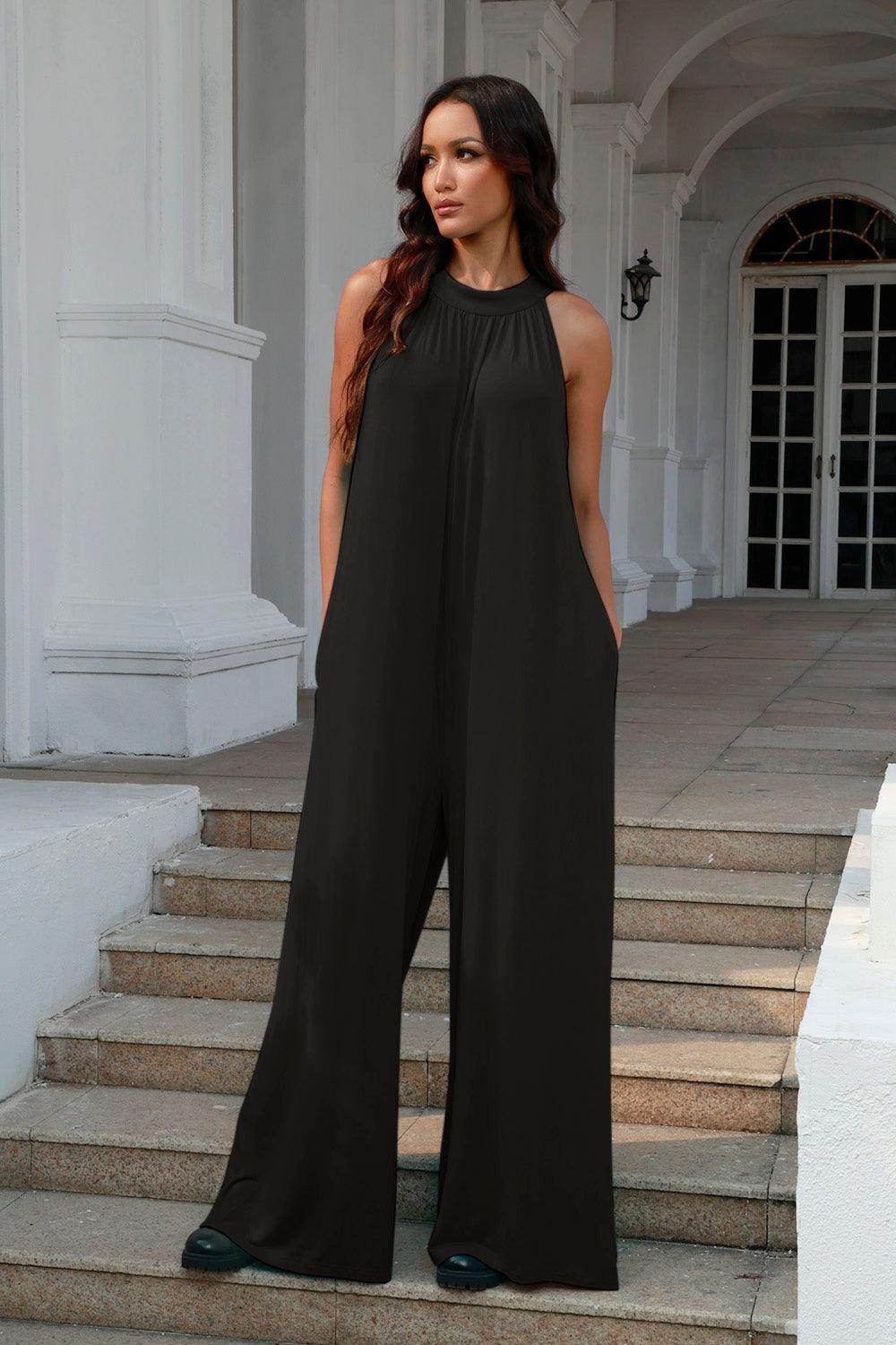 Double Take Full Size Tie Back Cutout Sleeveless Jumpsuit - Selvanelle