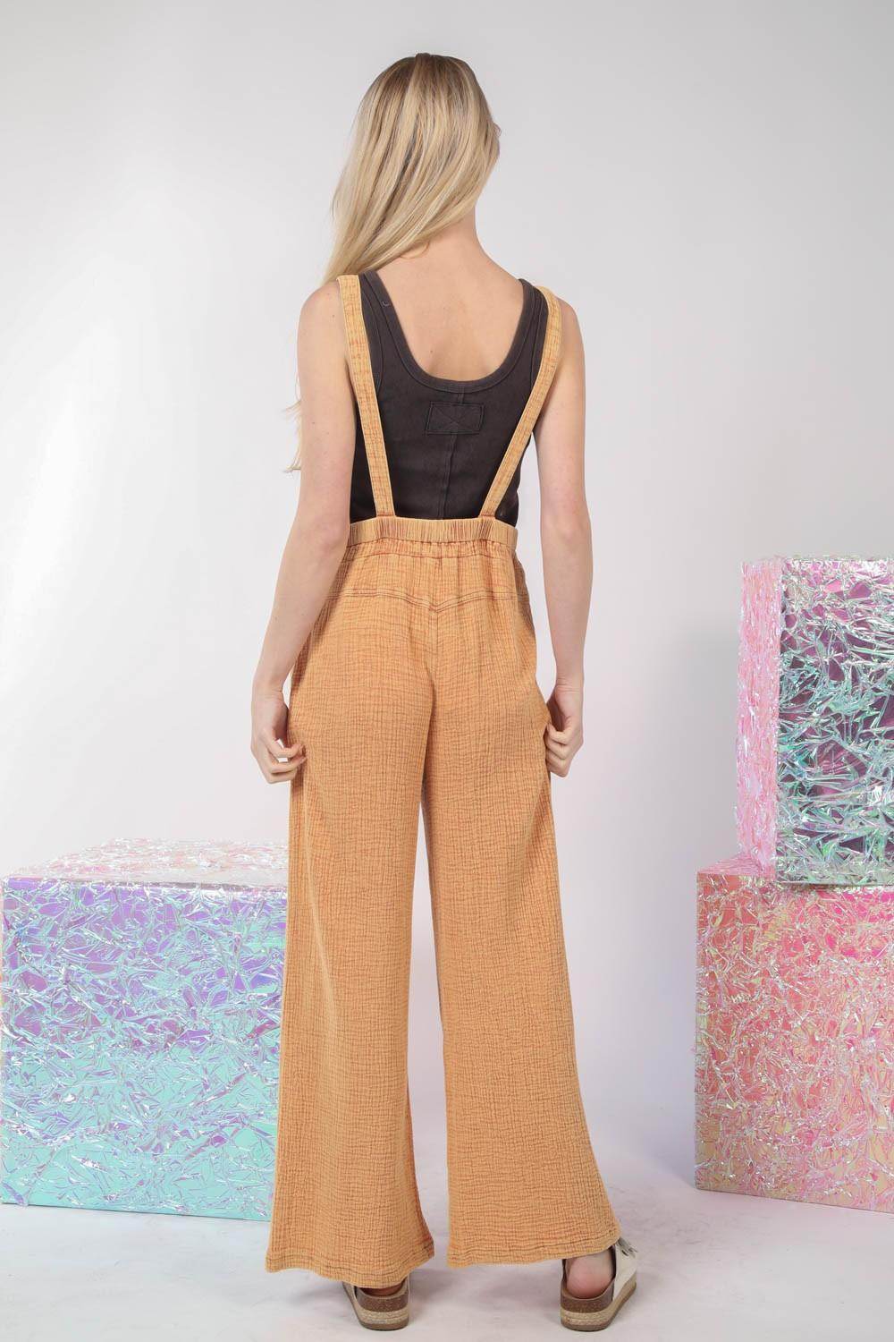 Very J Texture Washed Wide Leg Overalls for Effortless Style - Selvanelle