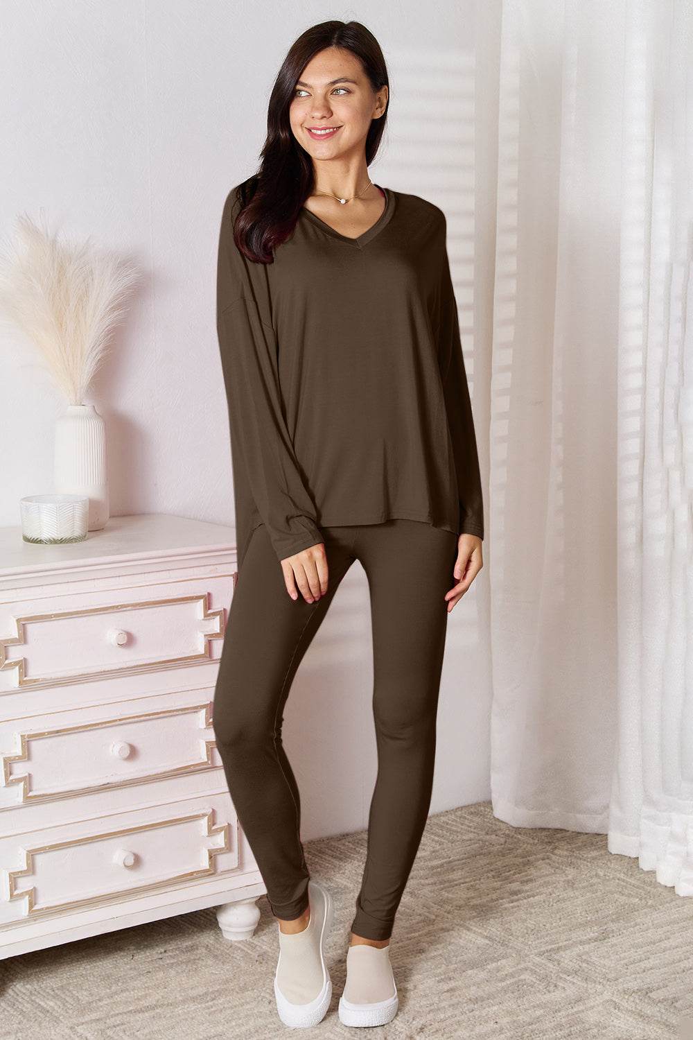 Basic Bae Bamboo Full Size V-Neck Long Sleeve Top and Pants Lounge Set - Selvanelle