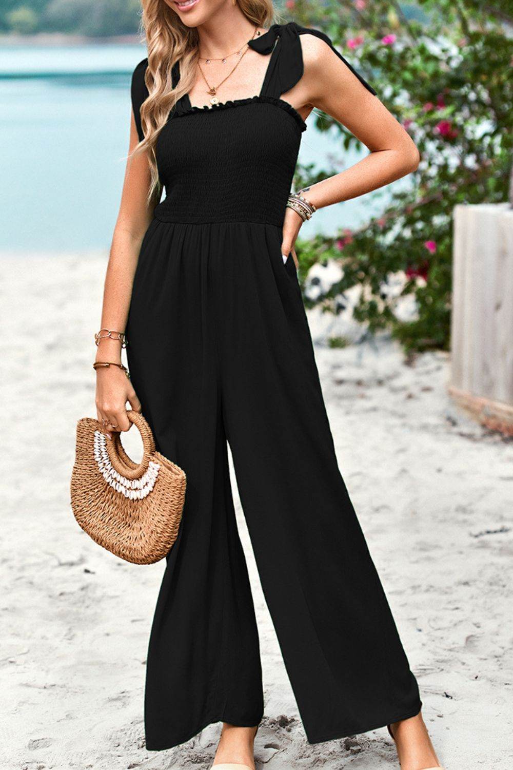 Devine Frill Trim Tie Shoulder Wide Leg Jumpsuit with Pockets - Selvanelle