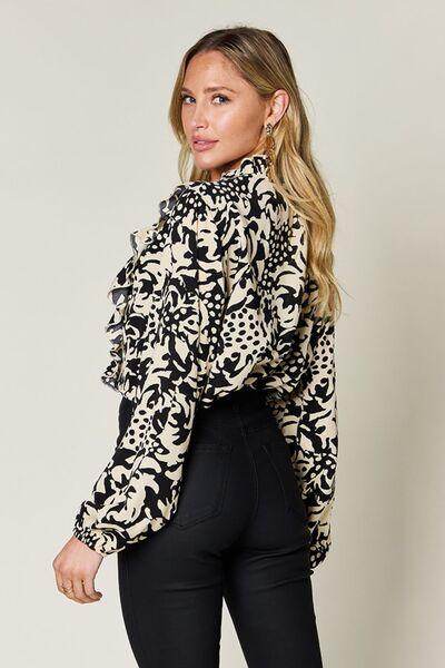 Double Take Full Size Printed Ruffle Trim Balloon Sleeve Shirt - Selvanelle