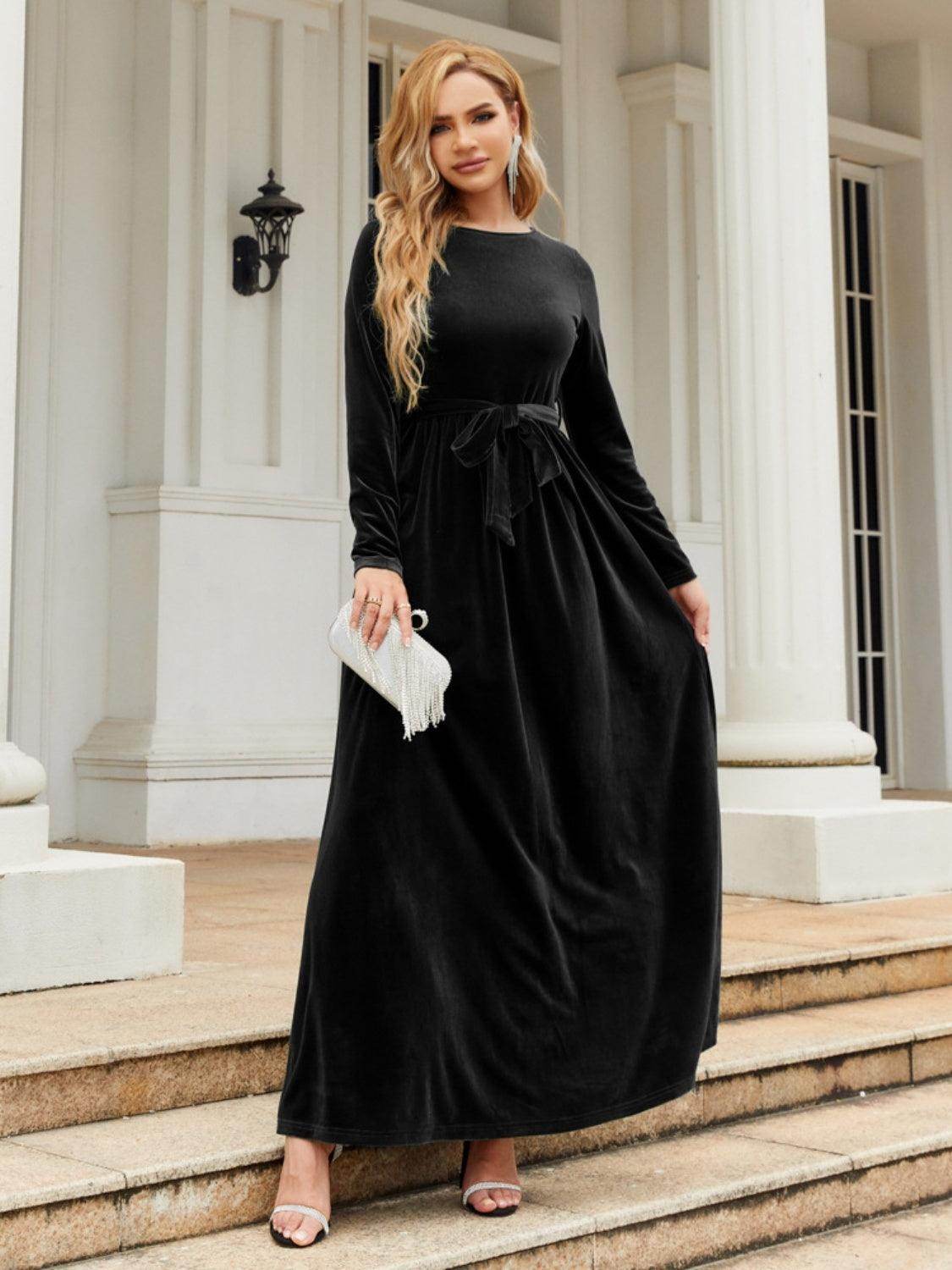 Tie Front Round Neck Long Sleeve Maxi Dress for Women - Selvanelle