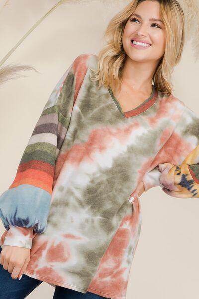 Celeste Full Size Tie-Dye Contrast Striped V-Neck Blouse - Selvanelle