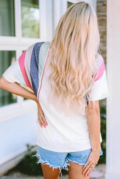 Rainbow Stripe Slit V-Neck T-Shirt for Women Casual Wear - Selvanelle