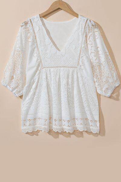 Lace Crochet Hollowed Scallop Hem V Neck Blouse for Women - Selvanelle
