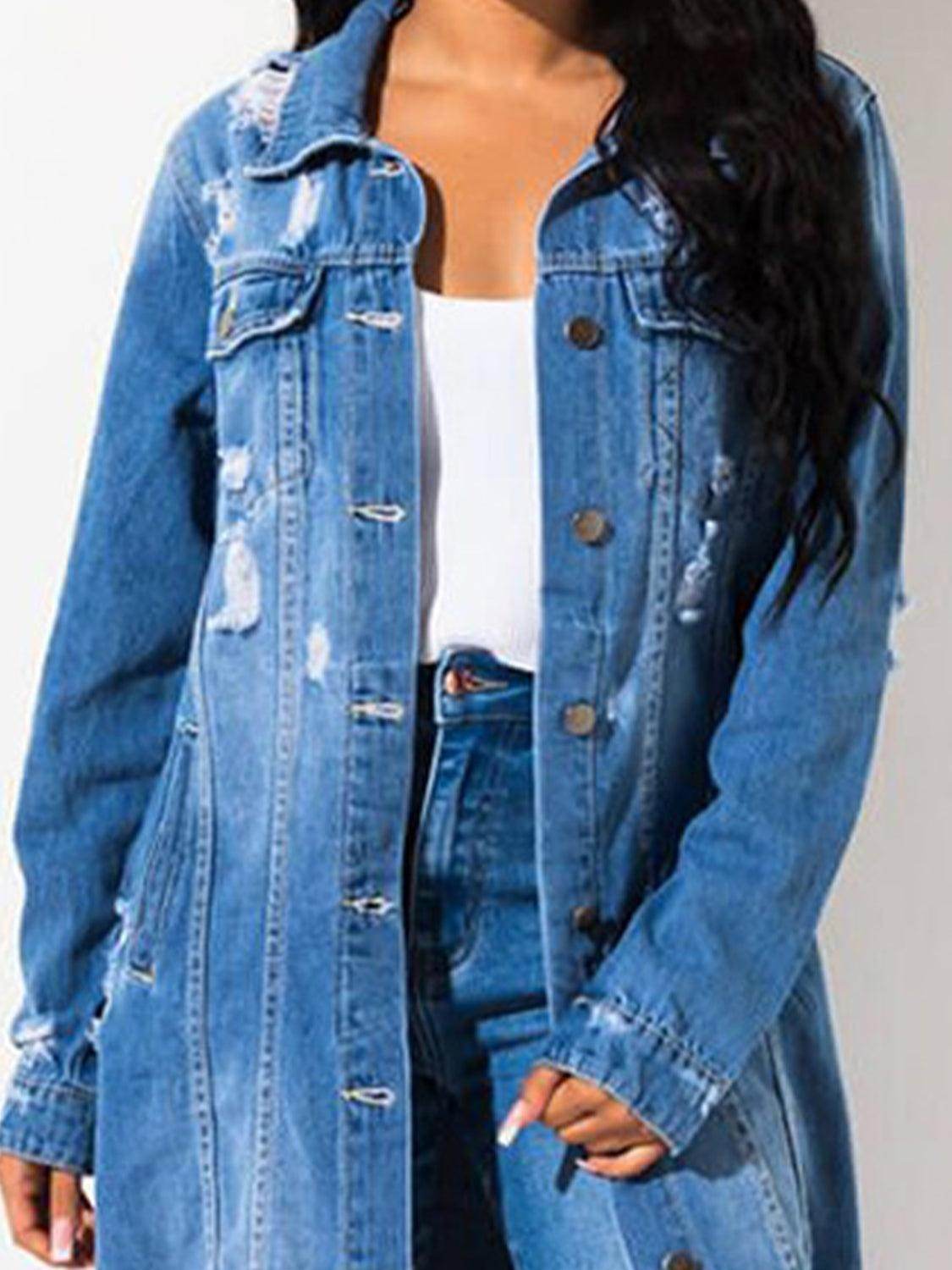 Chic Long Sleeve Raw Hem Denim Jacket for Stylish Women - Selvanelle