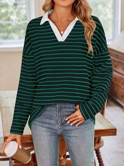 Lovelet Striped Johnny Collar Long Sleeve T-Shirt for Women - Selvanelle