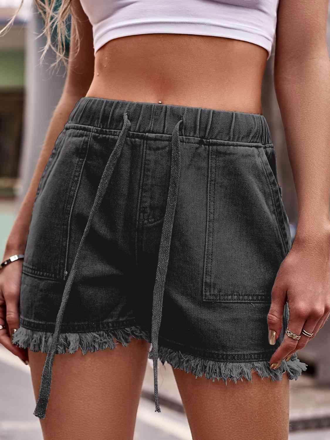 Drawstring Raw Hem Denim Shorts for Casual Chic Style - Selvanelle
