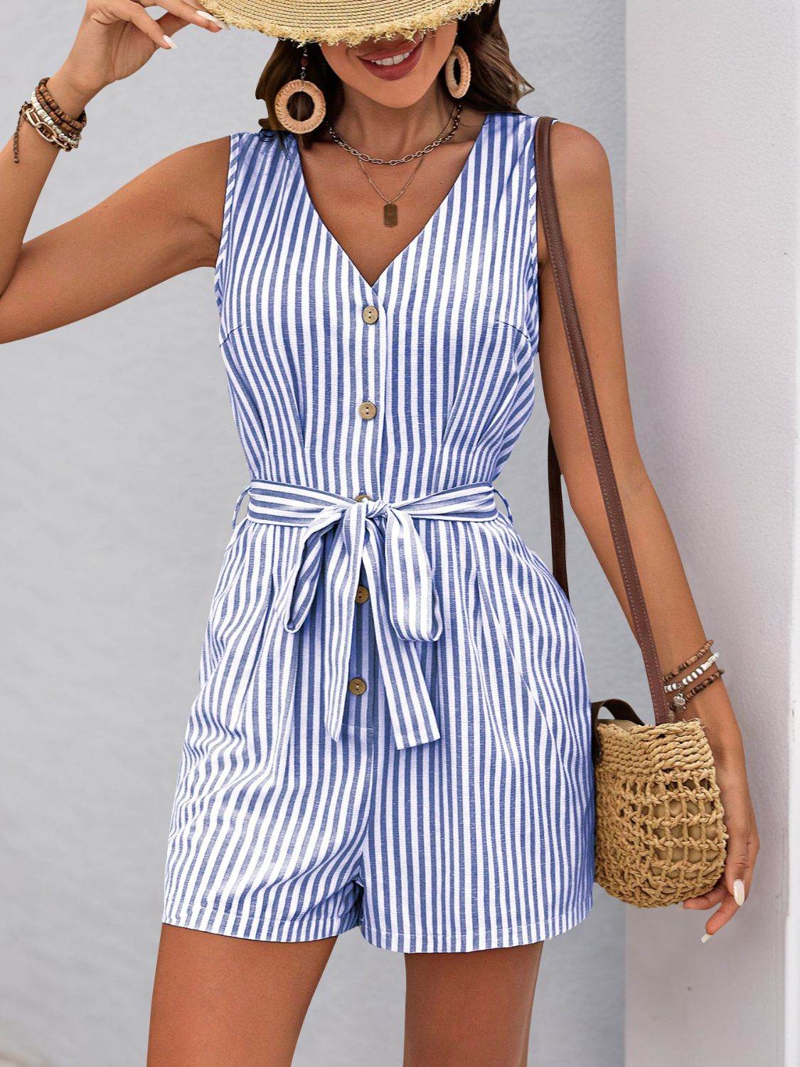 Perfee Striped V-Neck Tie Waist Romper - Selvanelle