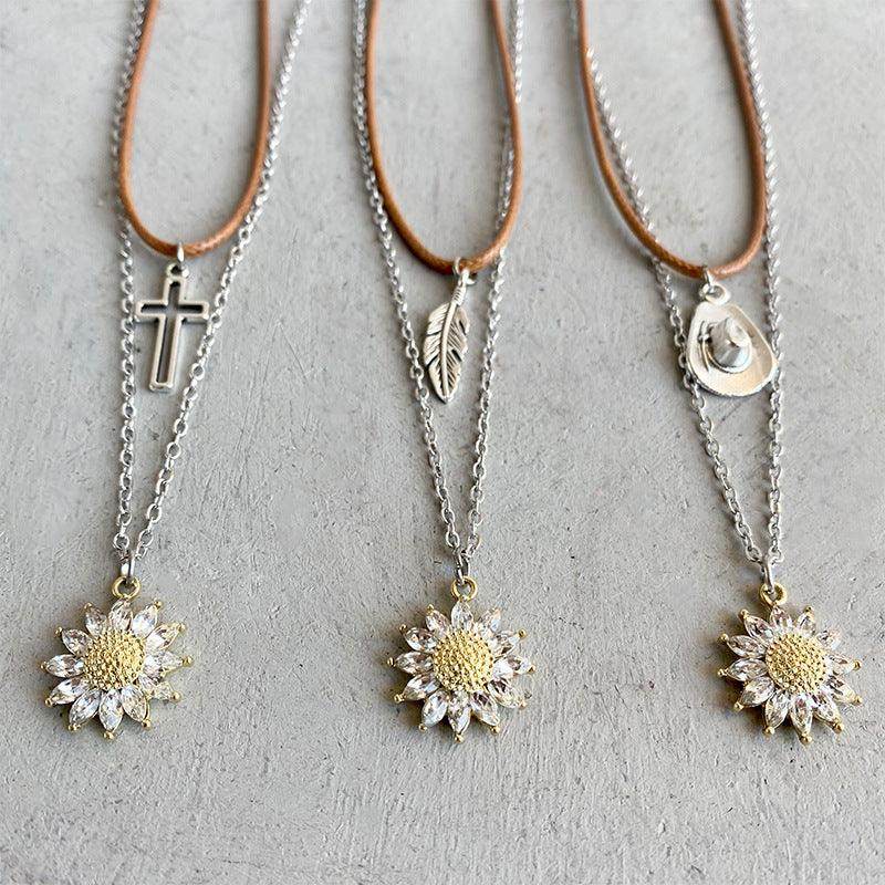 Sunflower Pendant Necklace Set in Alloy and Zircon - Selvanelle