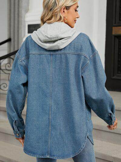 Removable Hood Button Up Long Sleeve Denim Jacket for Women - Selvanelle
