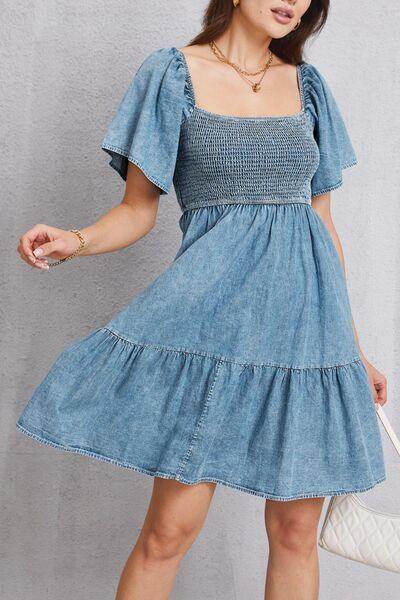 Smocked Square Neck Mini Denim Dress for Women Stylish - Selvanelle
