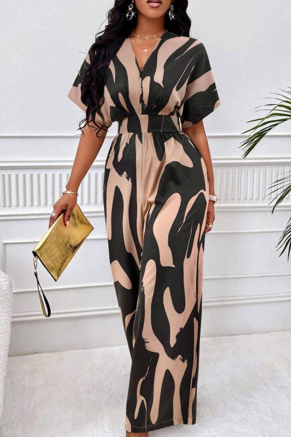 Printed V-Neck Short Sleeve Wide Leg Jumpsuit for Women - Selvanelle