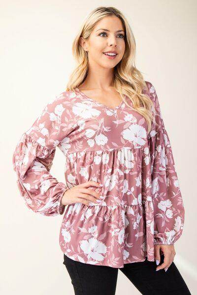 Celeste Full Size Tiered Floral V-Neck Long Sleeve Blouse - Selvanelle