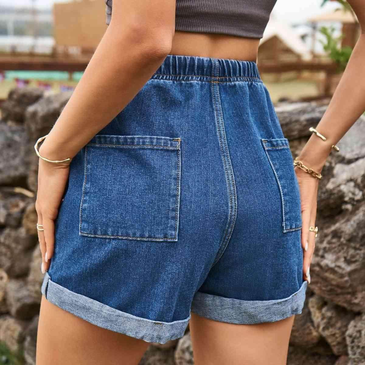 Drawstring High Waist Denim Shorts with Pockets for Women - Selvanelle