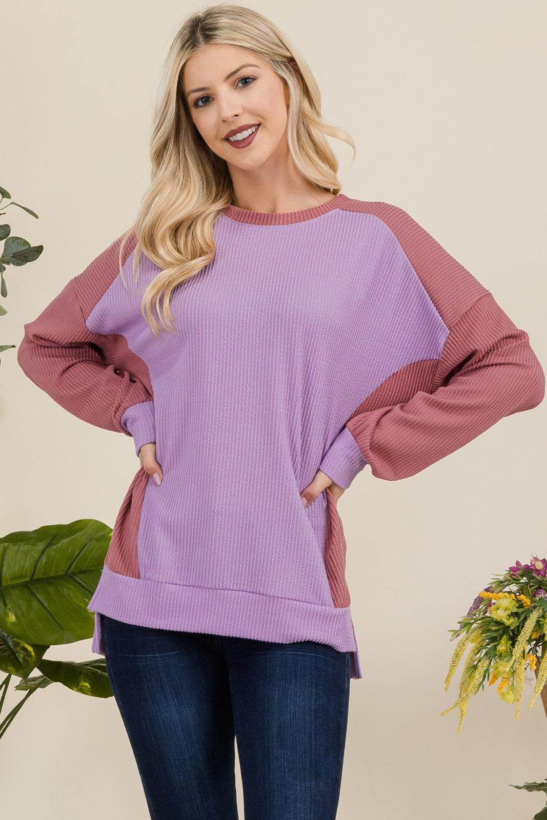Celeste Full Size High-Low Contrast Round Neck Sweatshirt - Selvanelle