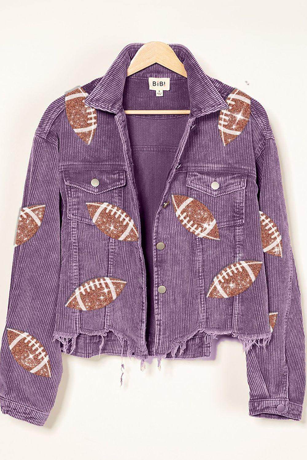 BiBi Football Sequin Embroidery Washed Corduroy Jacket for Trendy Style - Selvanelle