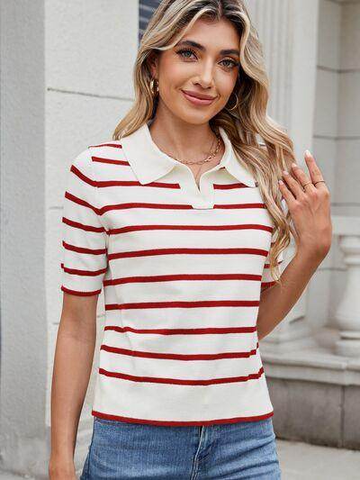 Striped Johnny Collar Short Sleeve Sweater for Women - Selvanelle