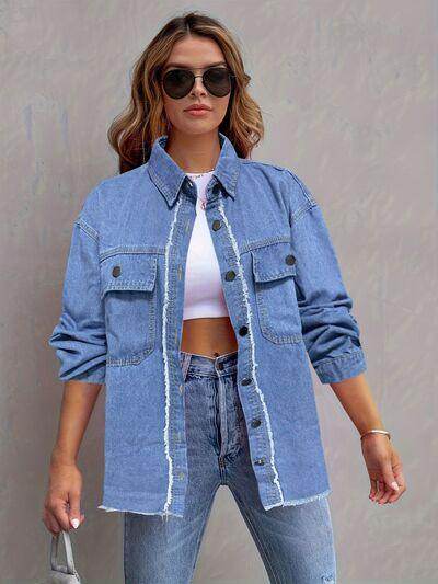 Pocketed Collared Neck Long Sleeve Denim Shirt for Women - Selvanelle