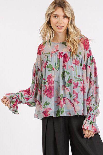 Mittoshop Floral Round Neck Flounce Sleeve Blouse for Women - Selvanelle