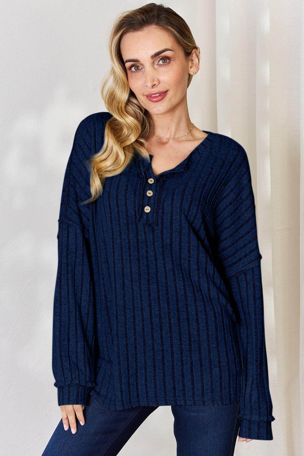 Basic Bae Full Size Ribbed Half Button Long Sleeve T-Shirt - Selvanelle