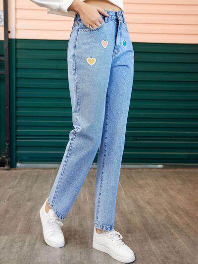 Heart Straight Leg Jeans with Pockets for Stylish Comfort - Selvanelle
