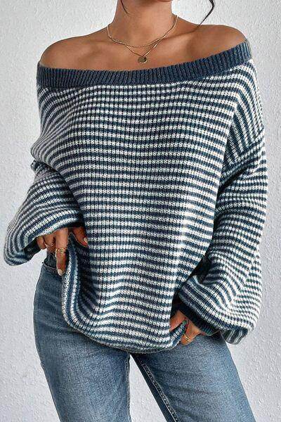 Striped Boat Neck Long Sleeve Sweater for Women Fashion - Selvanelle