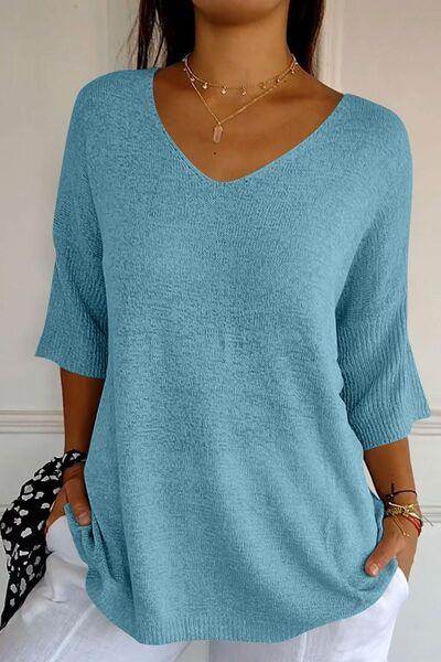 V-Neck Three-Quarter Sleeve Knit Top for Women Casual Wear - Selvanelle