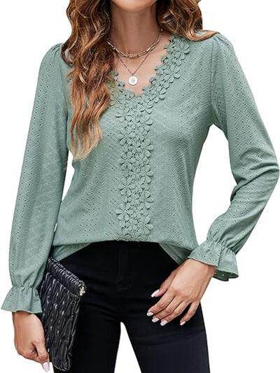 Lace Detail Eyelet V-Neck Flounce Sleeve Blouse for Women - Selvanelle