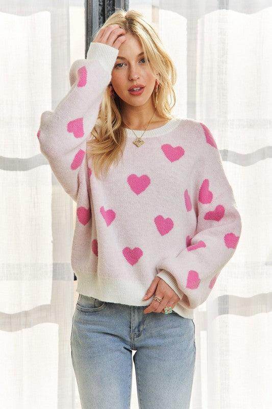 ADORA Heart Round Neck Drop Shoulder Sweater for Women - Selvanelle