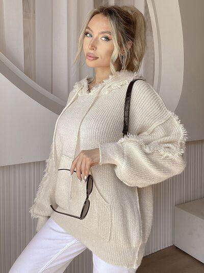 Drawstring Fringe Hem Long Sleeve Hooded Sweater for Women - Selvanelle
