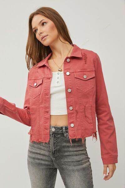 RISEN Full Size Raw Hem Button Up Cropped Denim Jacket Plus Size - Selvanelle