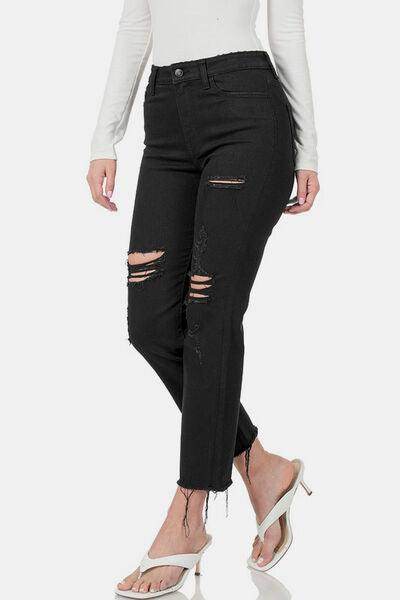 Zenana Distressed Raw Hem Cropped Jeans for Women - Selvanelle