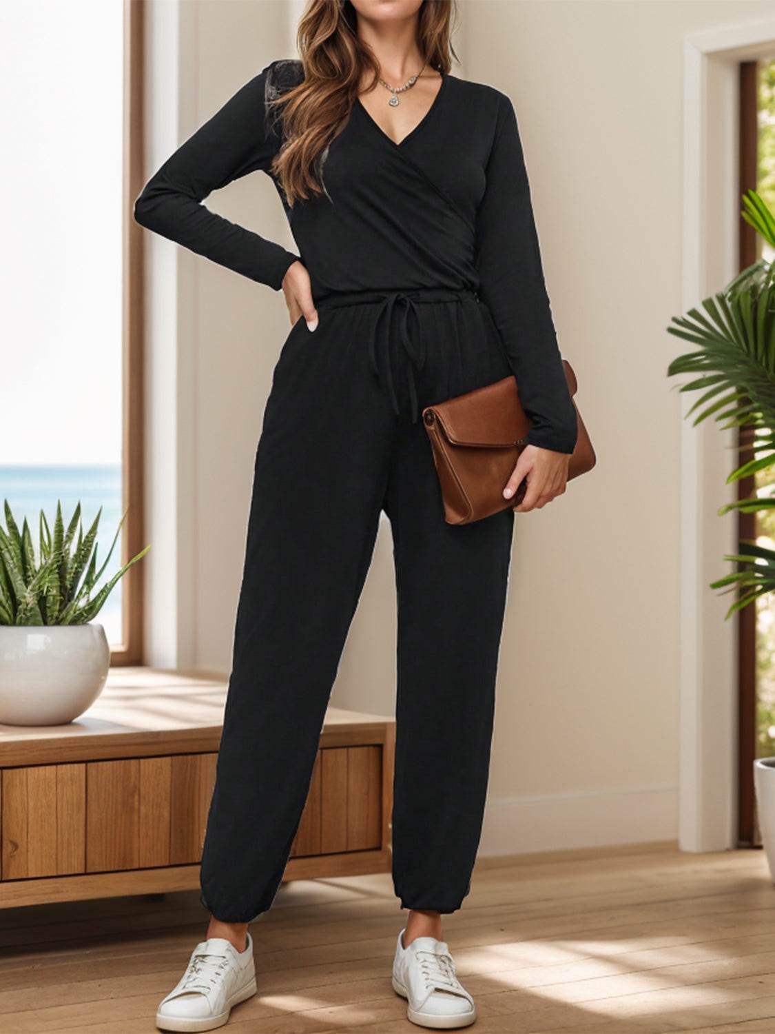 Surplice Tie Waist Long Sleeve Jumpsuit - Selvanelle
